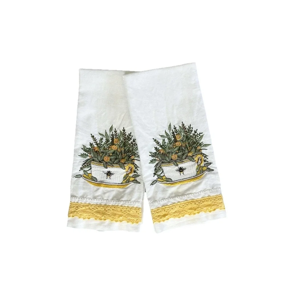 Embroidered Tea Towels Set Of 2 Crochet Lace Bumble Bee Teacup Floral